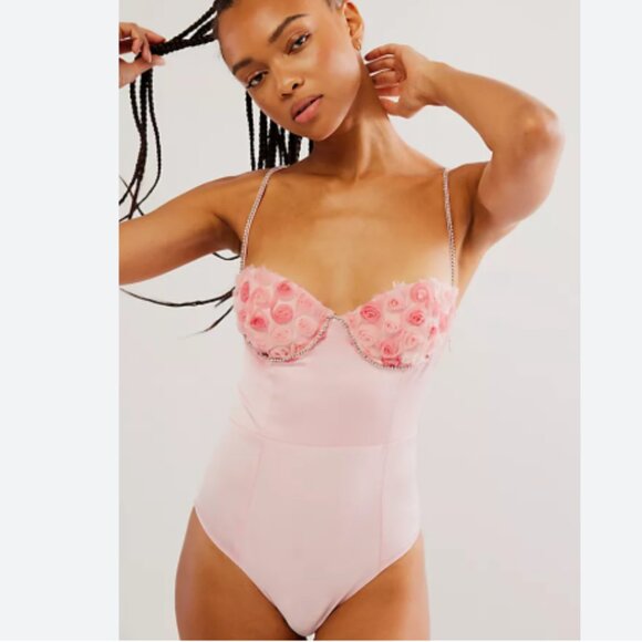 FOR LOVE & LEMONS Skye pink satin bodysuit NWT - Picture 1 of 12